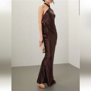 Retrofete Chocolate Brown Satin Halter Evening Gown